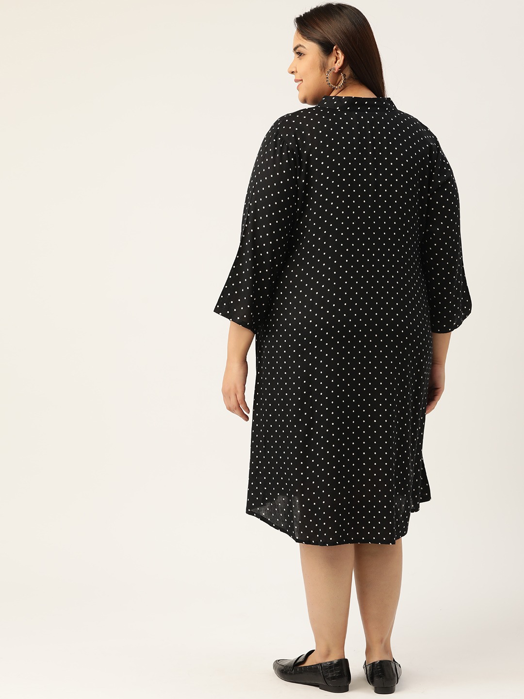 Women's Plus Size Black & White Polka Dot Printed A-Line Midi Dress
