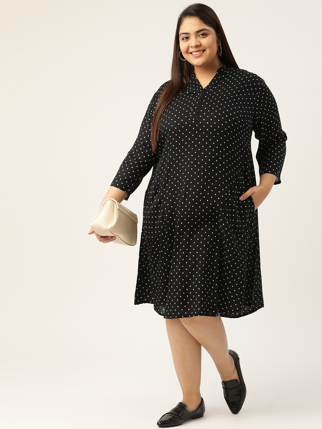 Women's Plus Size Black & White Polka Dot Printed A-Line Midi Dress