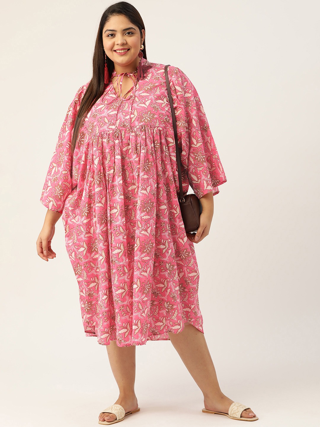 Women's Plus Size Pink Floral Printed Cotton Midi Dress