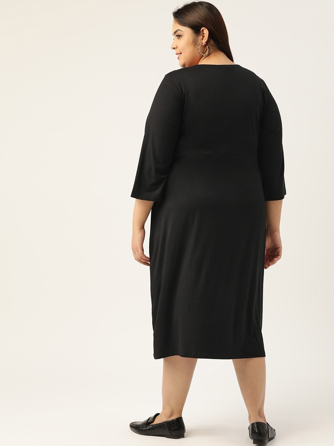 Women's Plus SizeBlack Solid Color A-Line Midi Dress