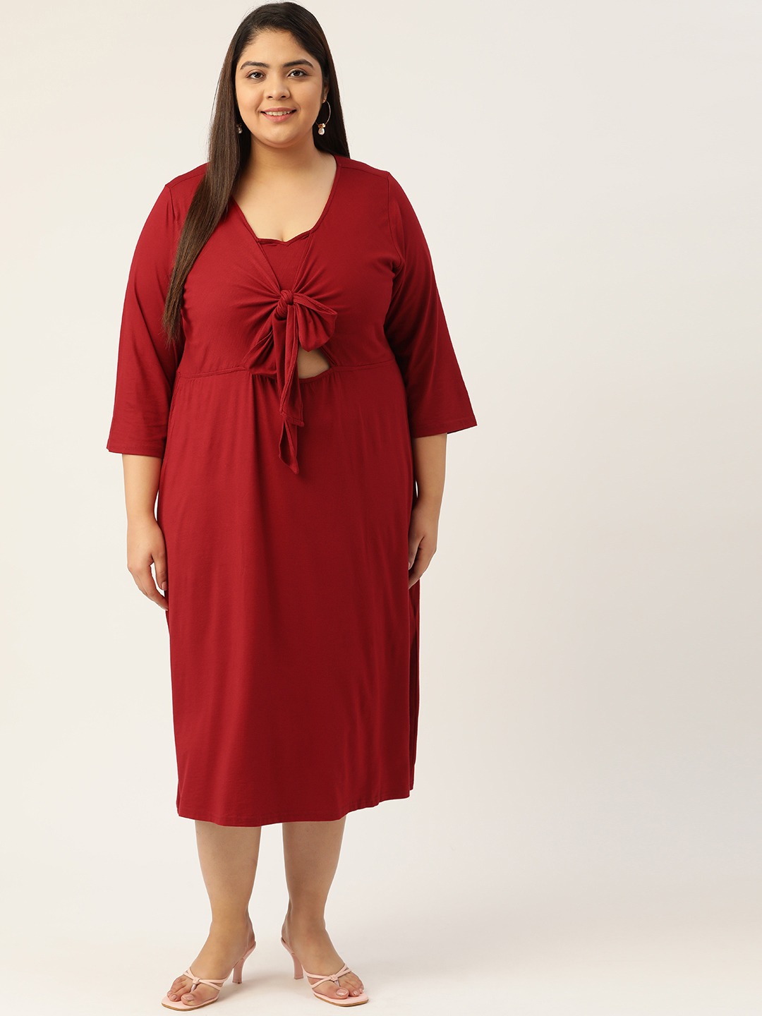 Women's Plus SizeMaroon Solid Color A-Line Midi Dress