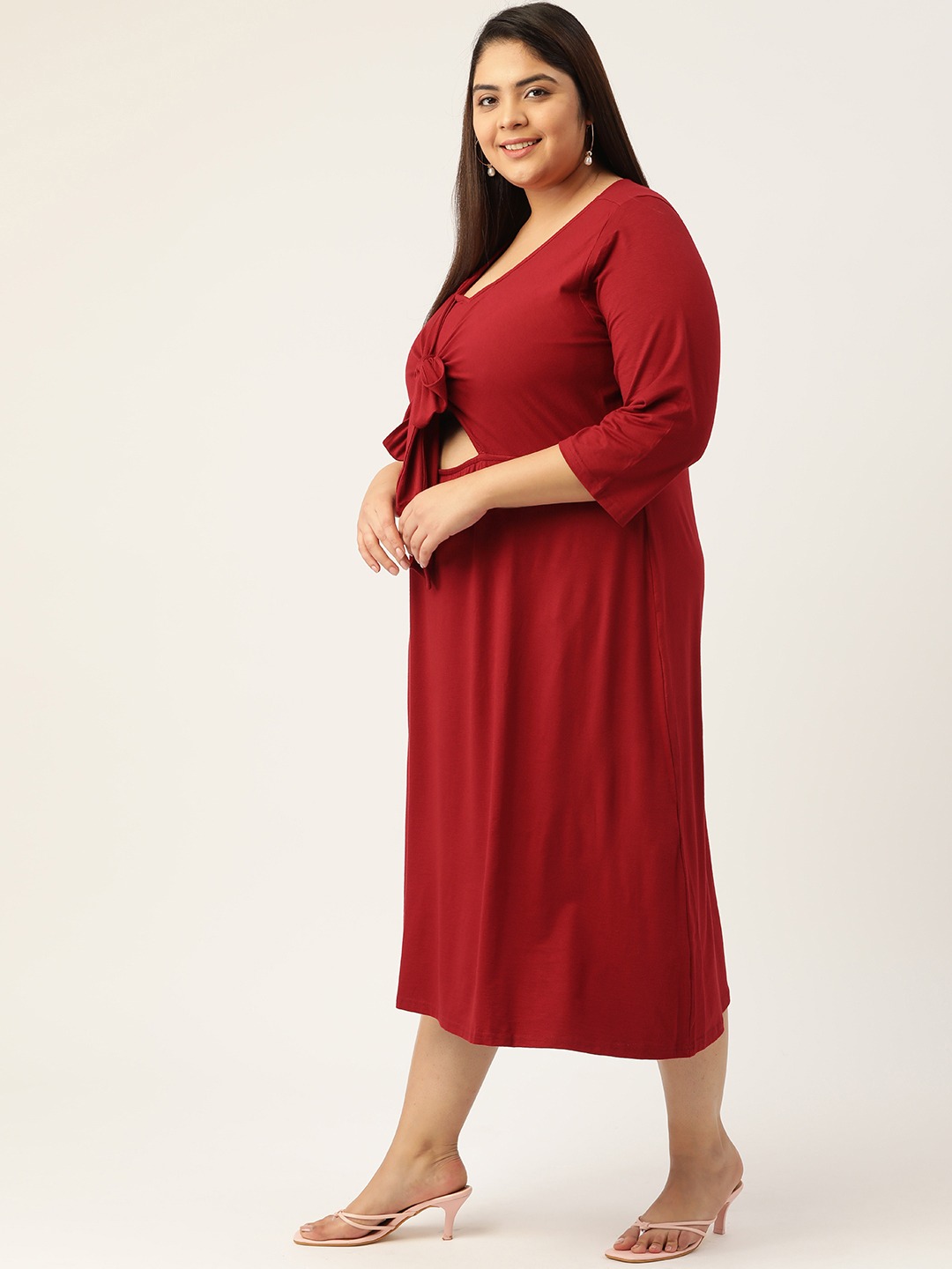 Women's Plus SizeMaroon Solid Color A-Line Midi Dress