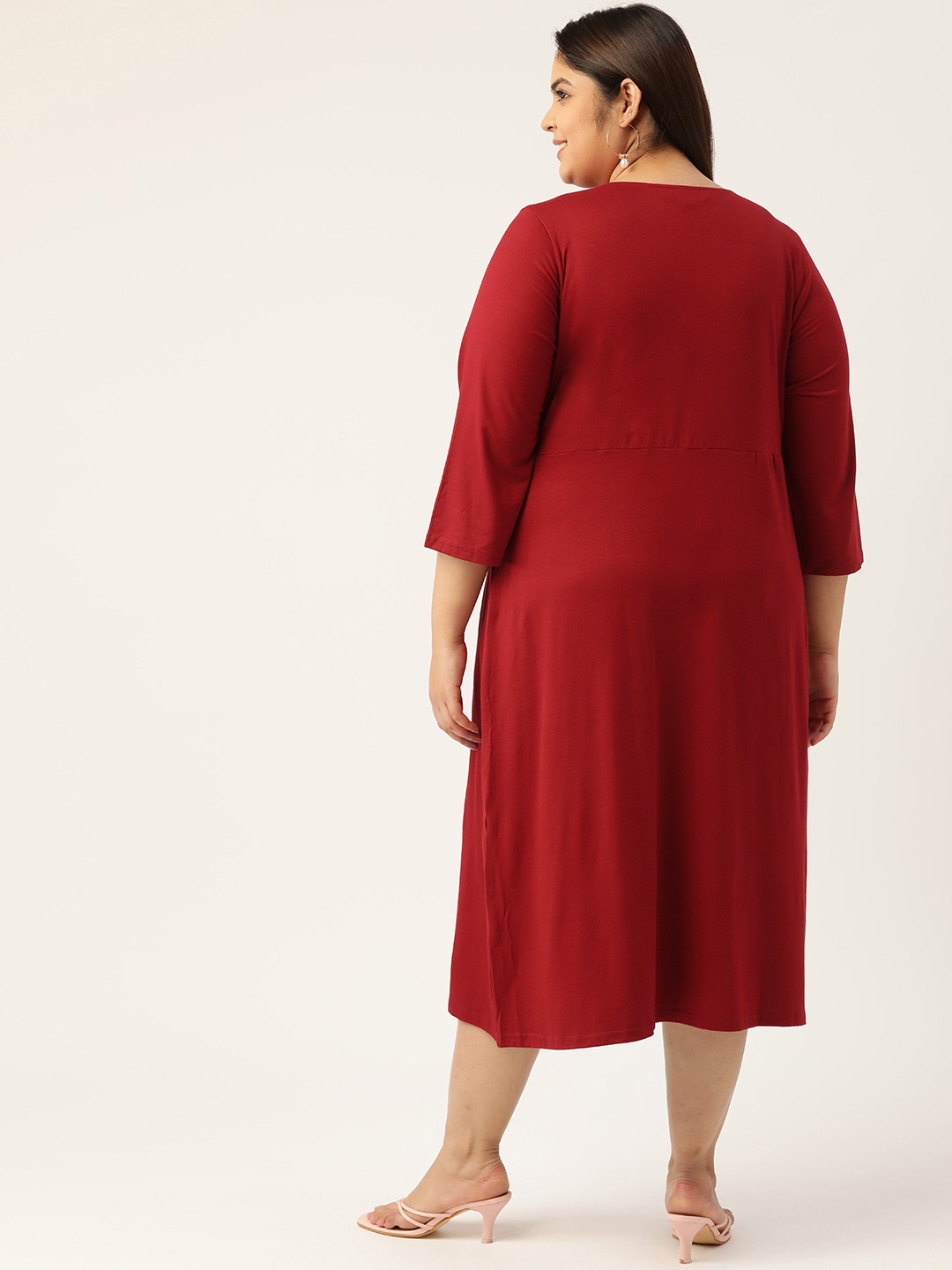 Women's Plus SizeMaroon Solid Color A-Line Midi Dress