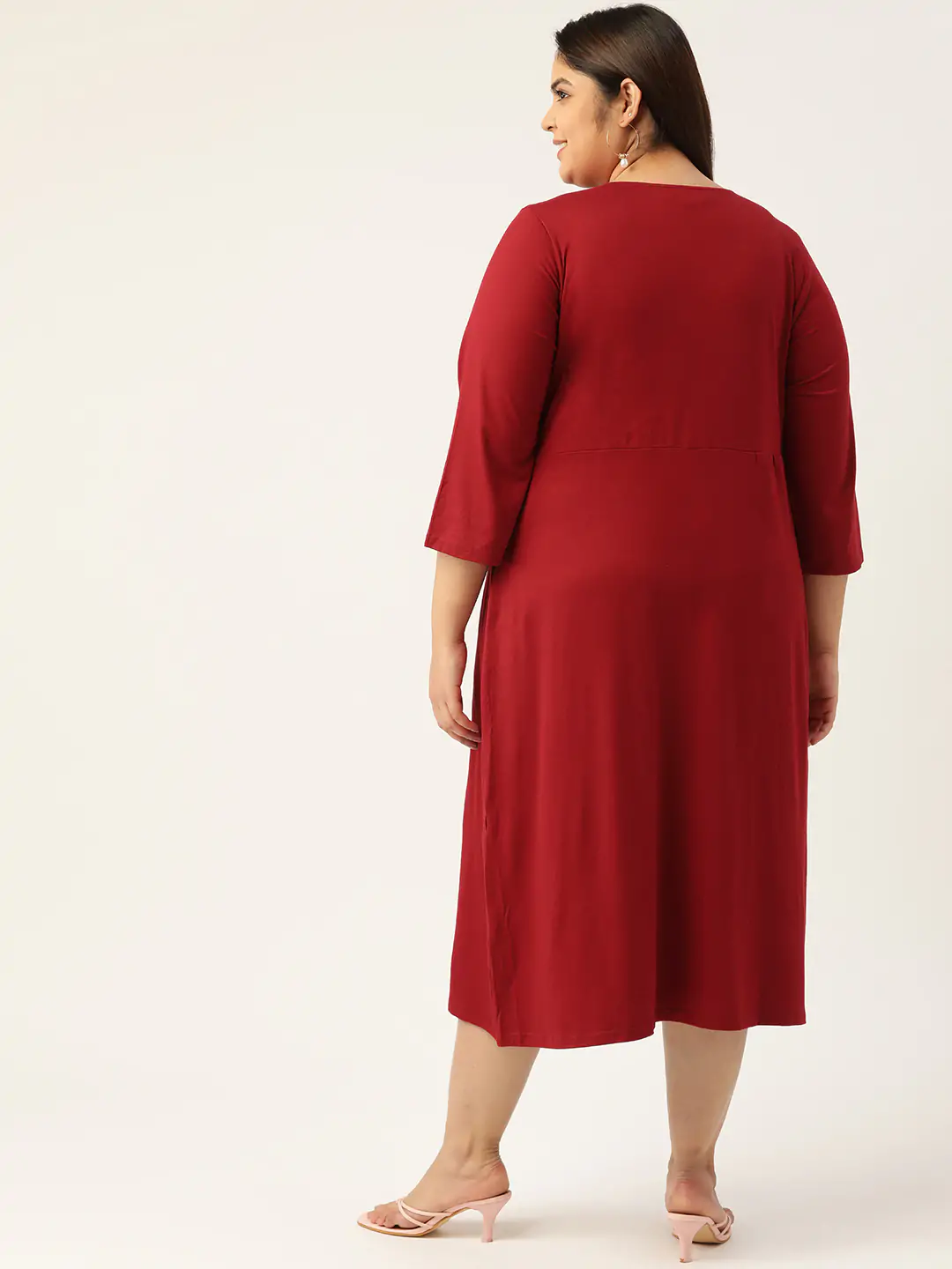 Women's Plus SizeMaroon Solid Color A-Line Midi Dress