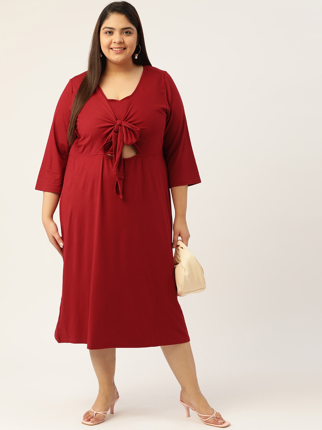 Women's Plus SizeMaroon Solid Color A-Line Midi Dress