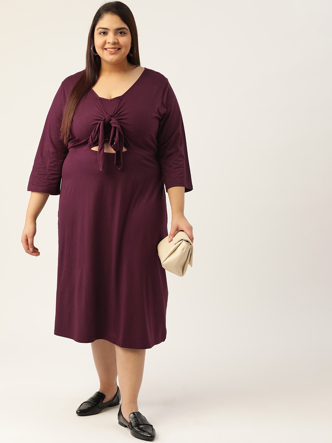 Women's Plus SizePurple Solid Color A-Line Midi Dress