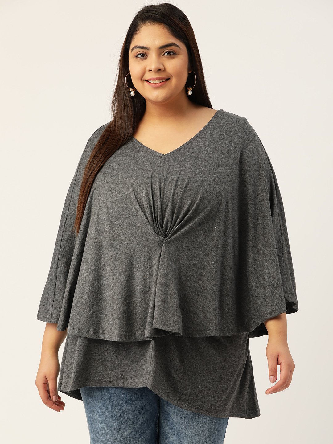 Women's Plus Size Charcoal Grey Solid Color Layered Top