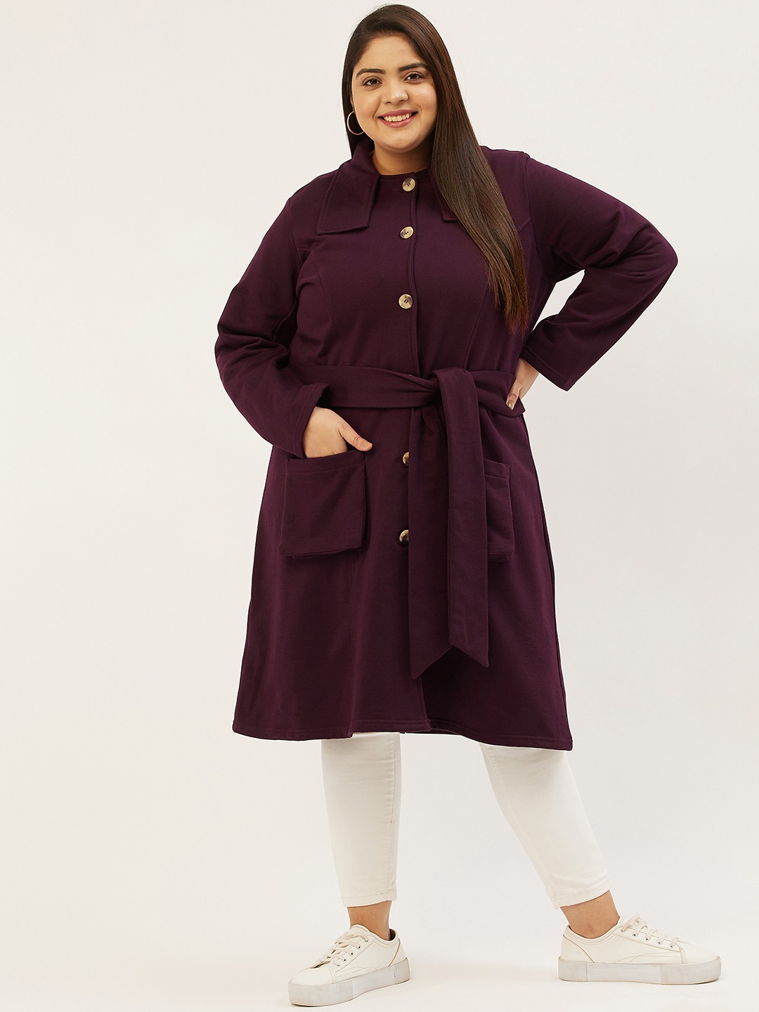 Women's Plus SizePlum Solid Color Longline Coat