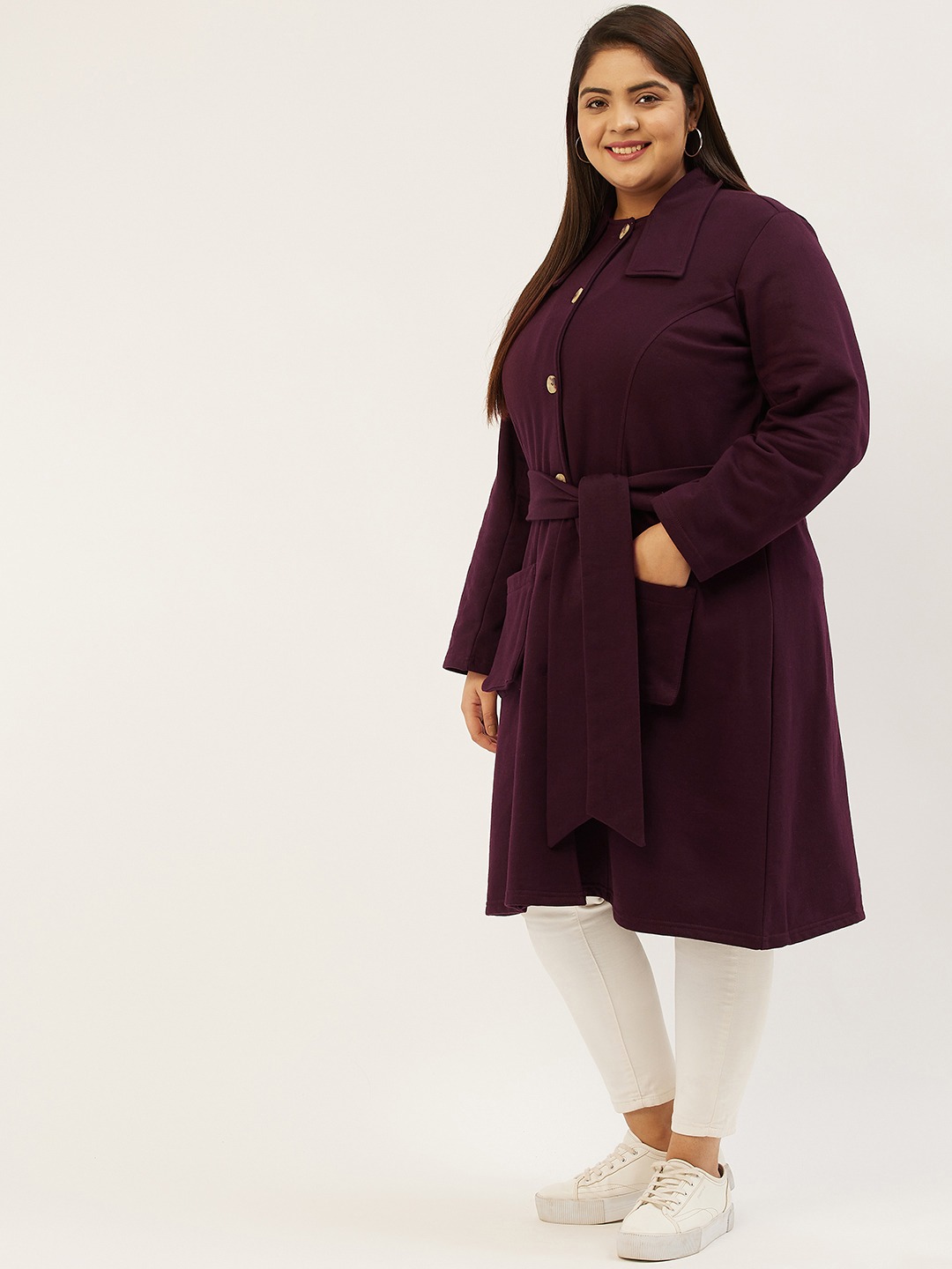Women's Plus SizePlum Solid Color Longline Coat