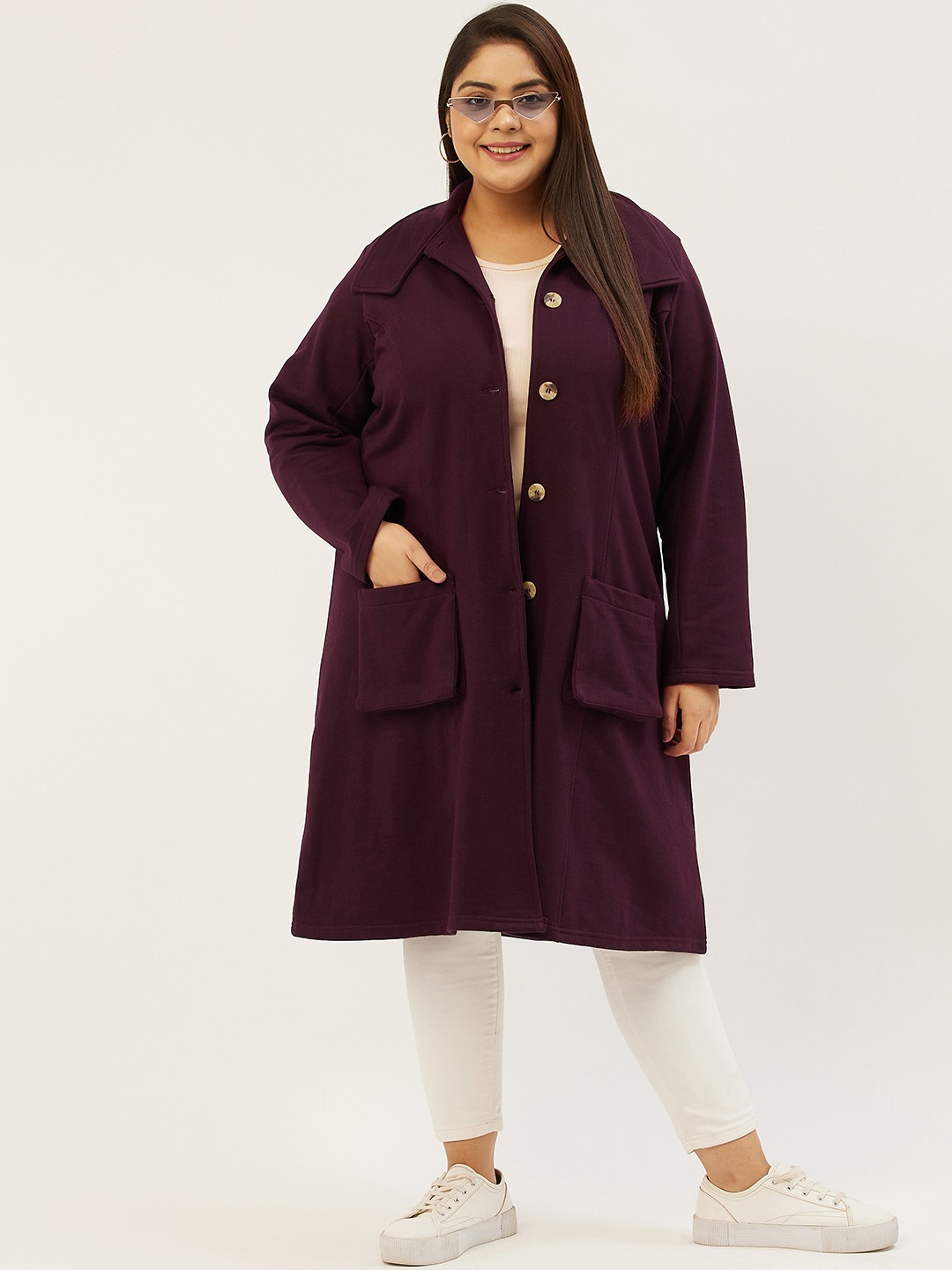 Women's Plus SizePlum Solid Color Longline Coat