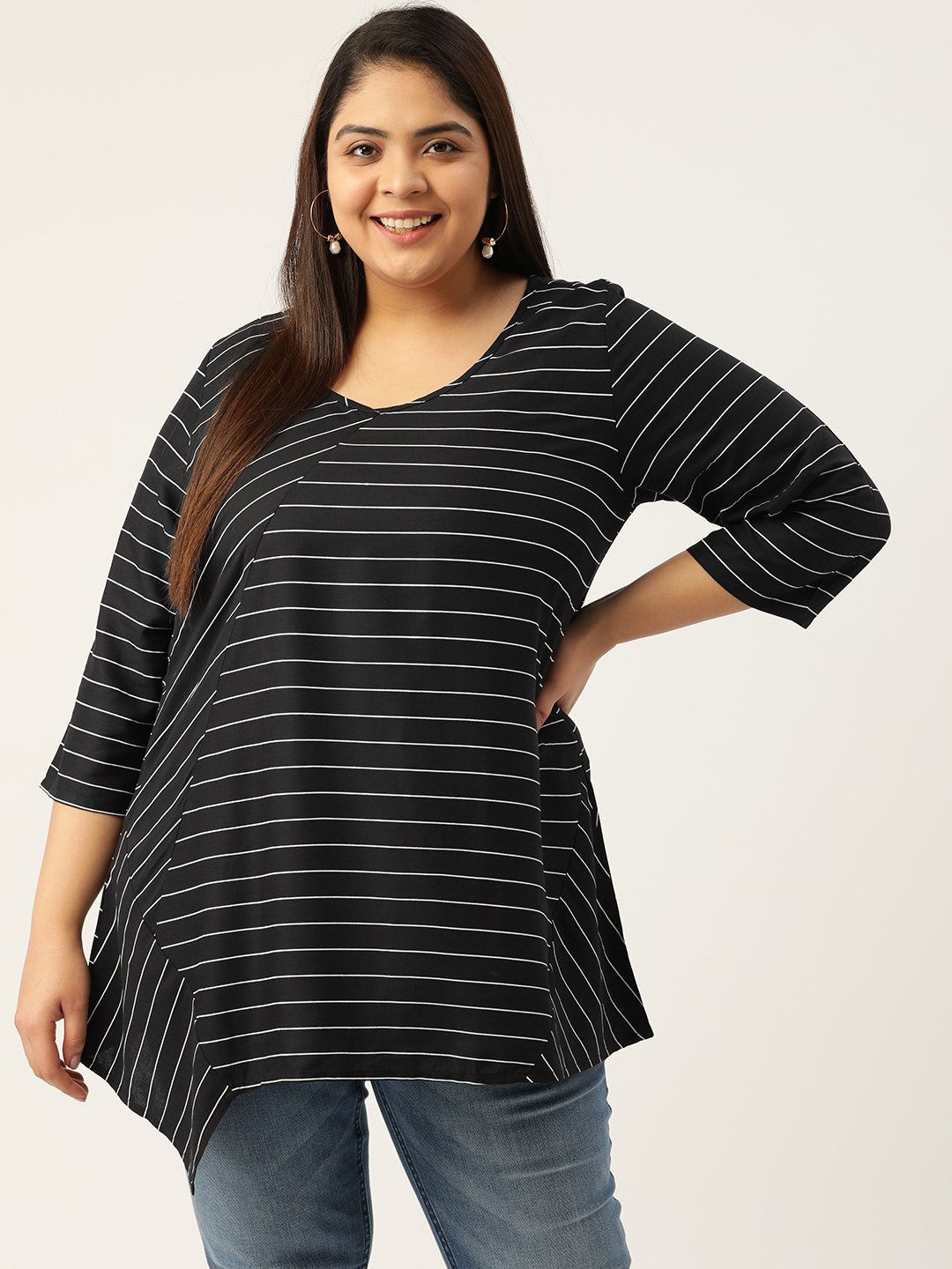 Women's Plus Size Black & White Striped V-Neck Top