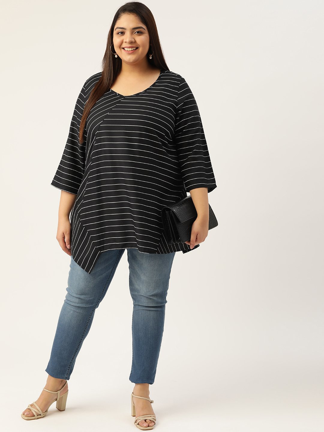 Women's Plus Size Black & White Striped V-Neck Top