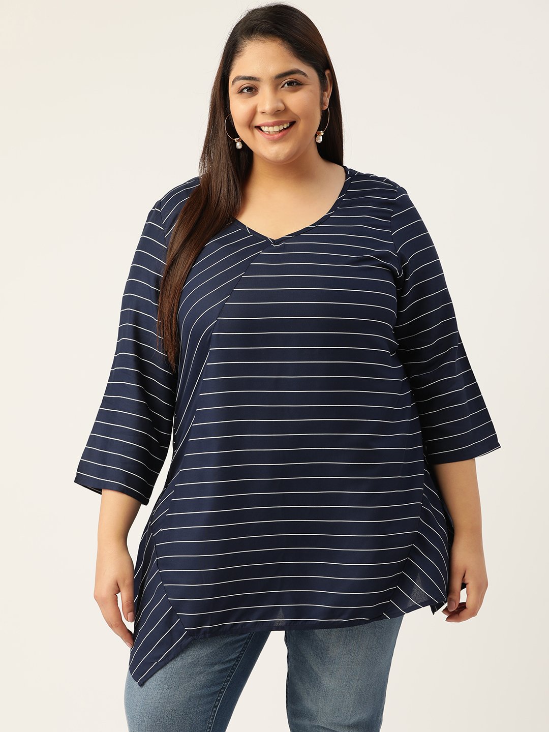 Women's Plus Size Navy Blue & White Striped V-Neck Top