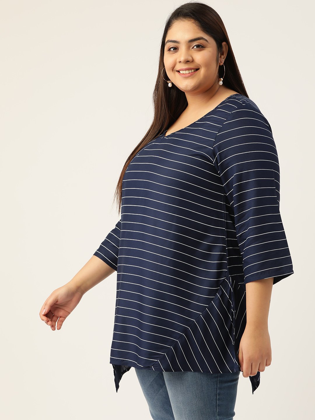Women's Plus Size Navy Blue & White Striped V-Neck Top
