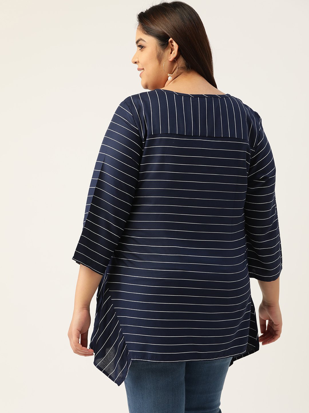 Women's Plus Size Navy Blue & White Striped V-Neck Top