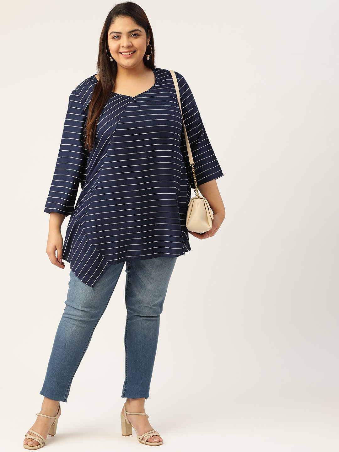 Women's Plus Size Navy Blue & White Striped V-Neck Top