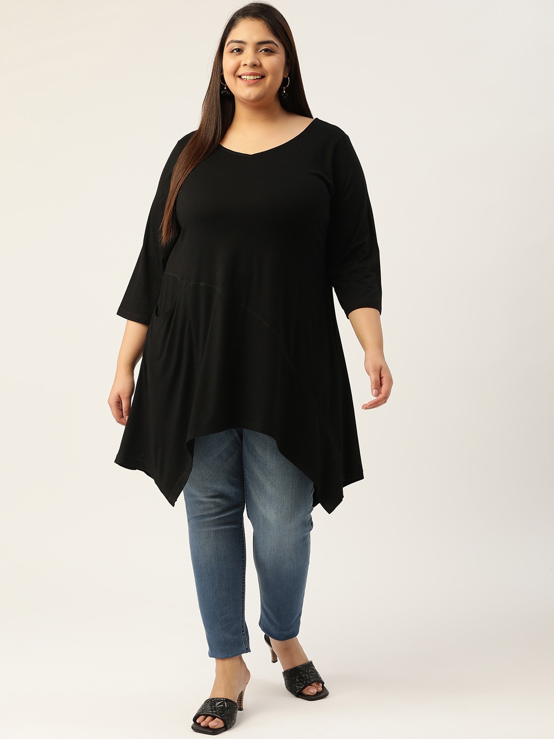 Women's Plus Size Black Solid Color Longline Top