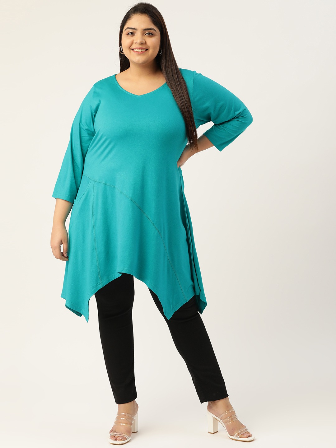 Women's Plus Size Turq Solid Color Longline Top
