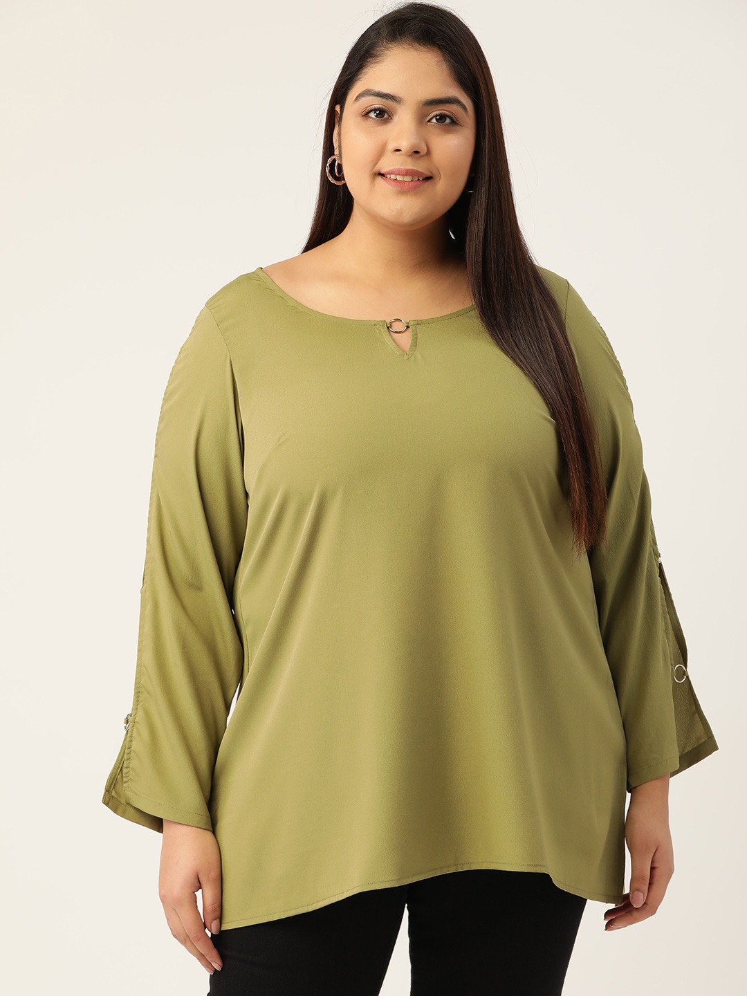 Women's Plus Size Olive Green Solid Color Keyhole Neck Top