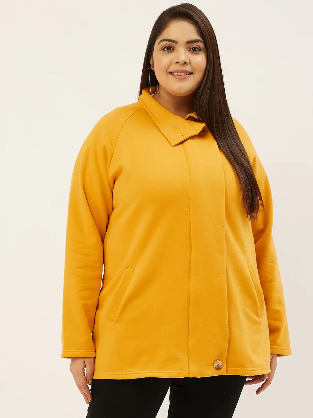 Women's Plus Size Mustard Solid Color Longline Tailored Winter Jacket
