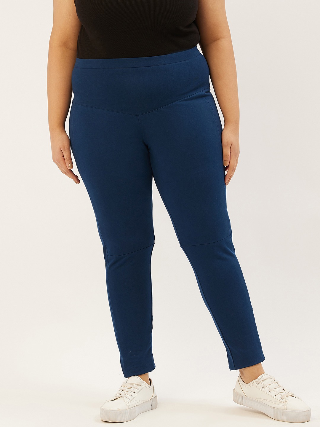 Women's Plus Size Ink Blue Solid Color Relaxed High-Rise Trousers