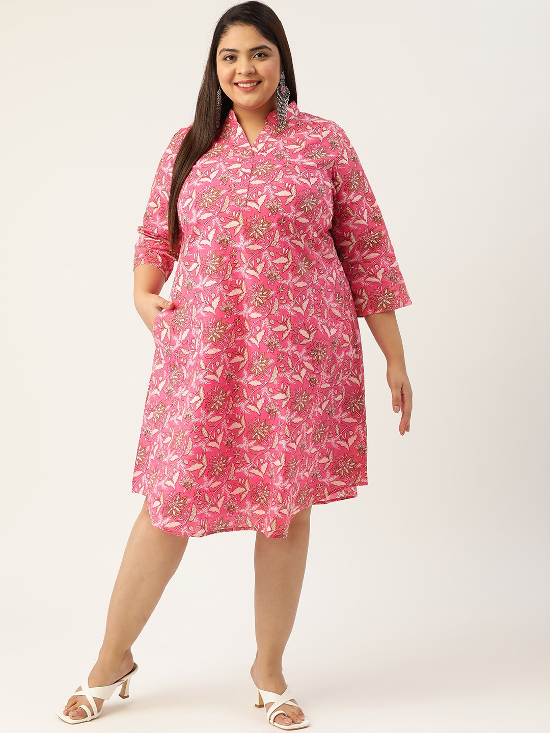 Women's Plus SizePink & Off White Printed Cotton A-Line Dress