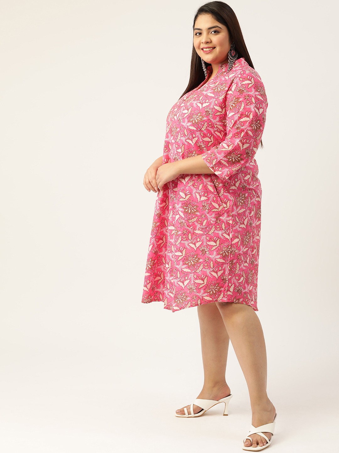 Women's Plus SizePink & Off White Printed Cotton A-Line Dress