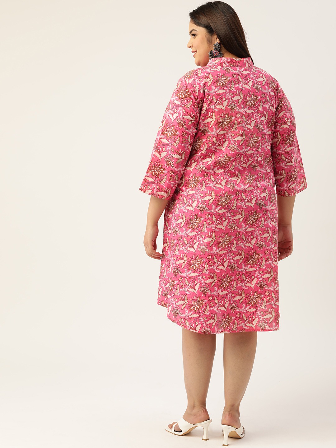 Women's Plus SizePink & Off White Printed Cotton A-Line Dress