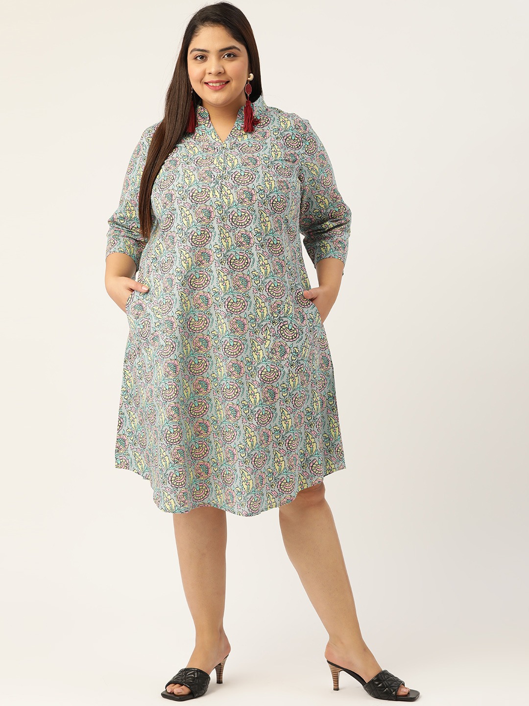 Women's Plus SizeGrey & Pink Printed Cotton A-Line Dress