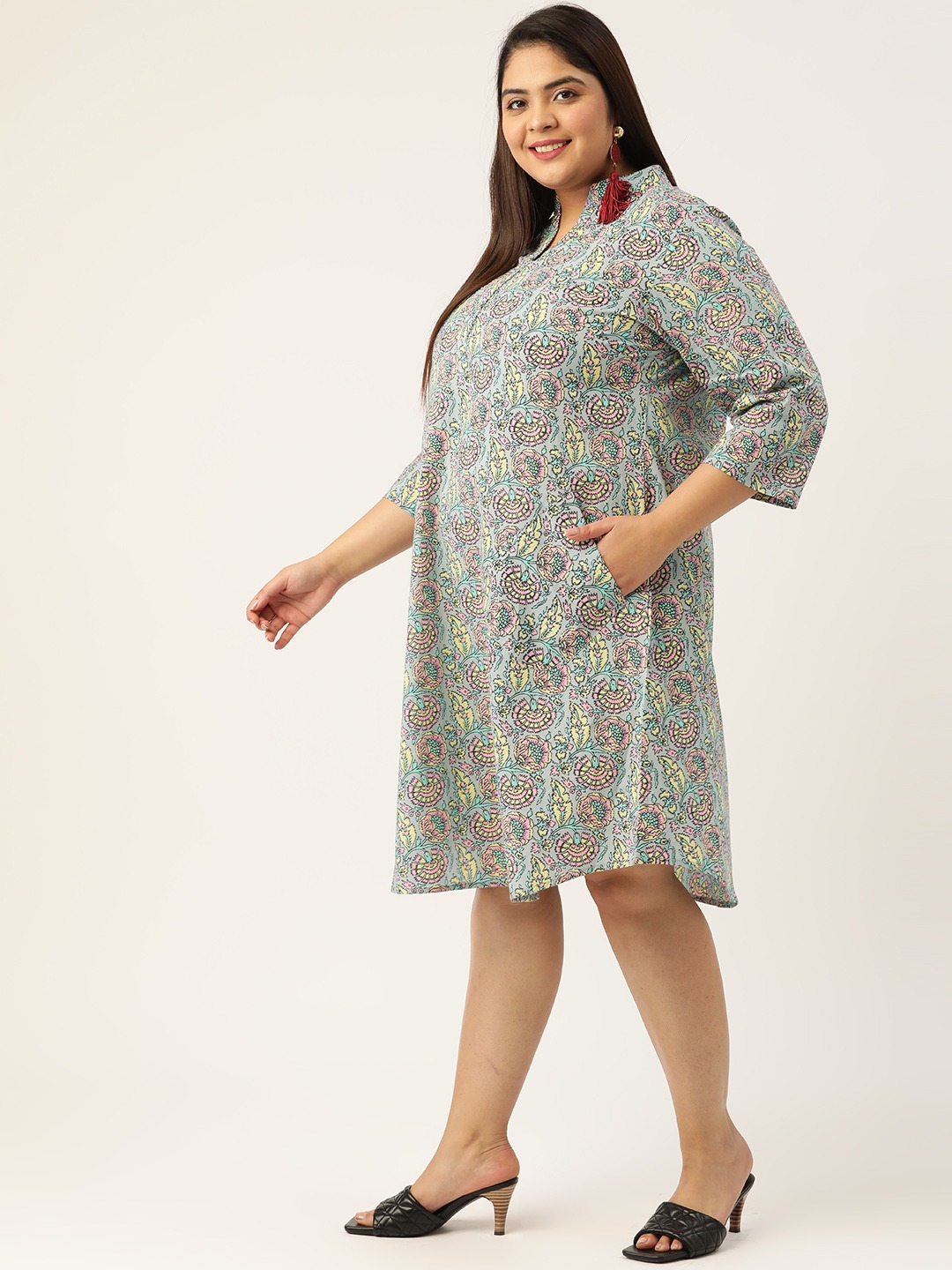 Women's Plus SizeGrey & Pink Printed Cotton A-Line Dress