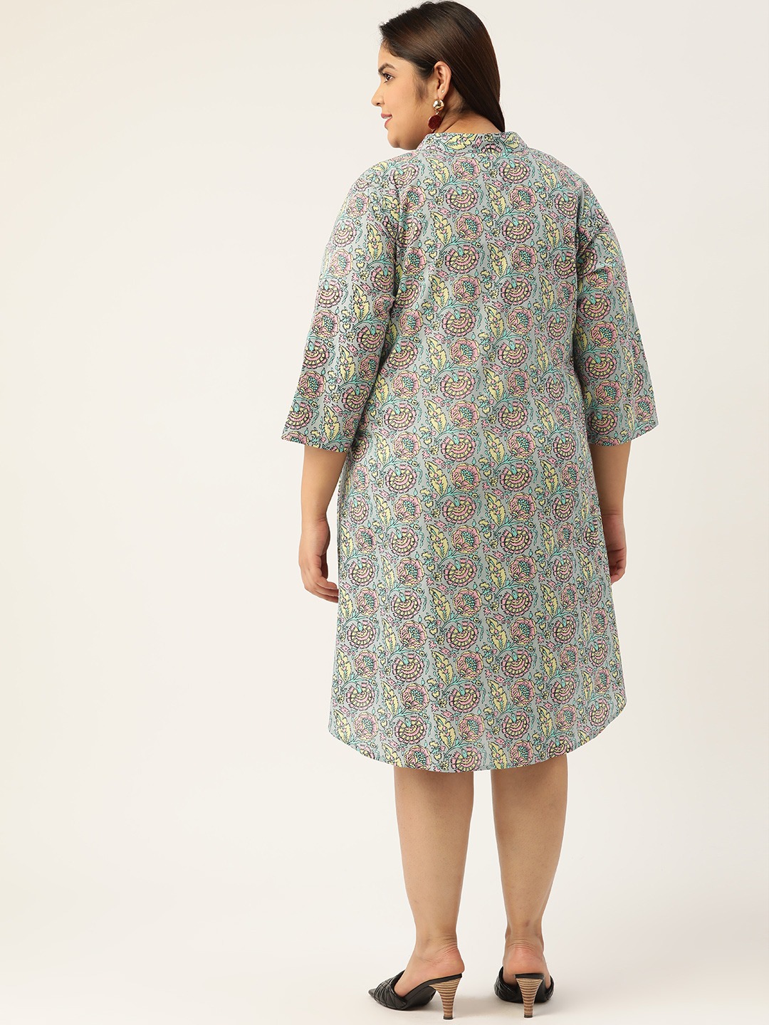 Women's Plus SizeGrey & Pink Printed Cotton A-Line Dress