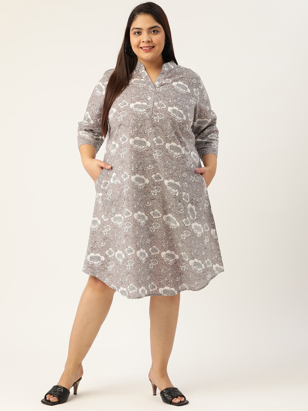 Women's Plus SizeGrey & Off White Printed Cotton A-Line Dress