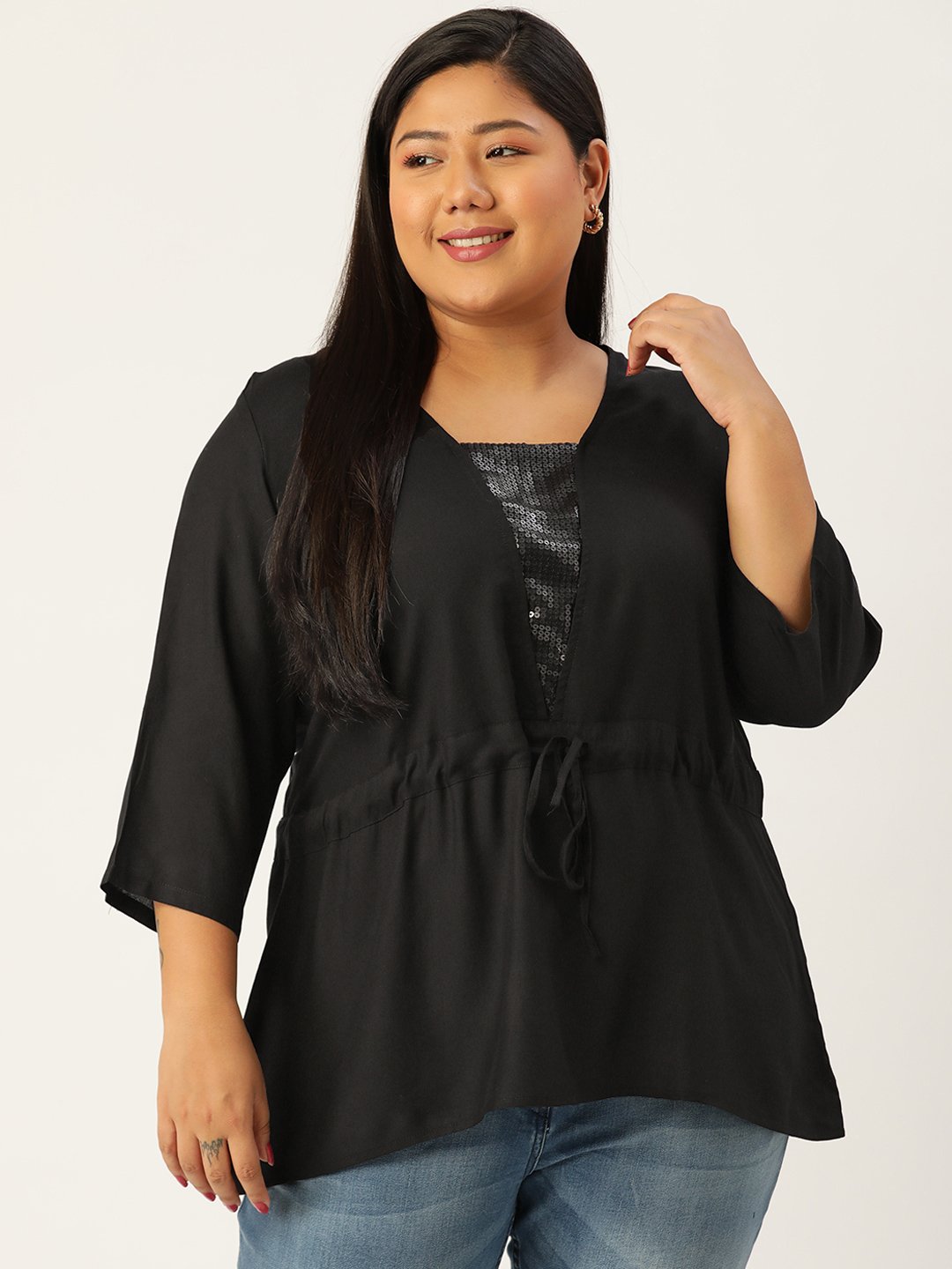 Women's Plus Size Black Solid Color Embellished Patch Work Regular Top