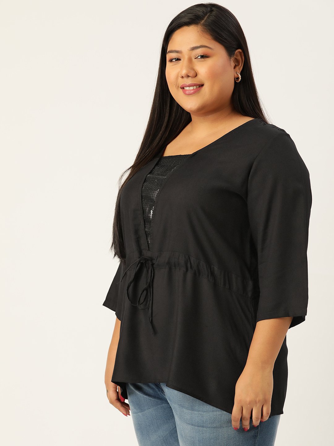 Women's Plus Size Black Solid Color Embellished Patch Work Regular Top