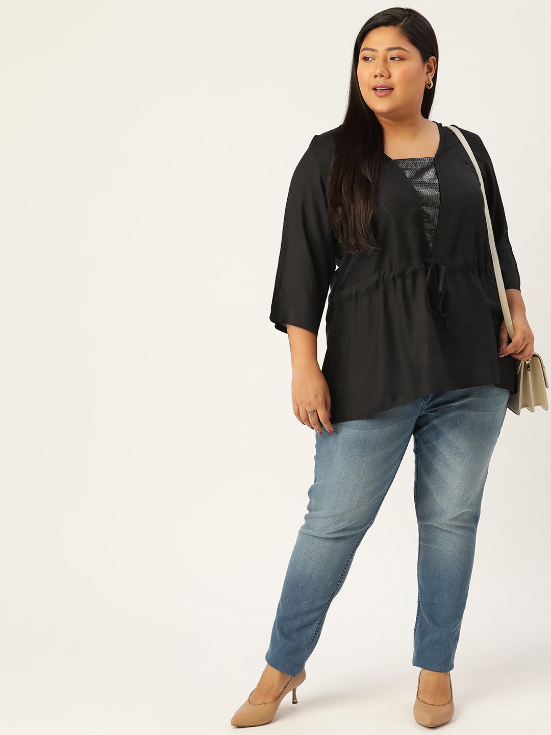 Women's Plus Size Black Solid Color Embellished Patch Work Regular Top
