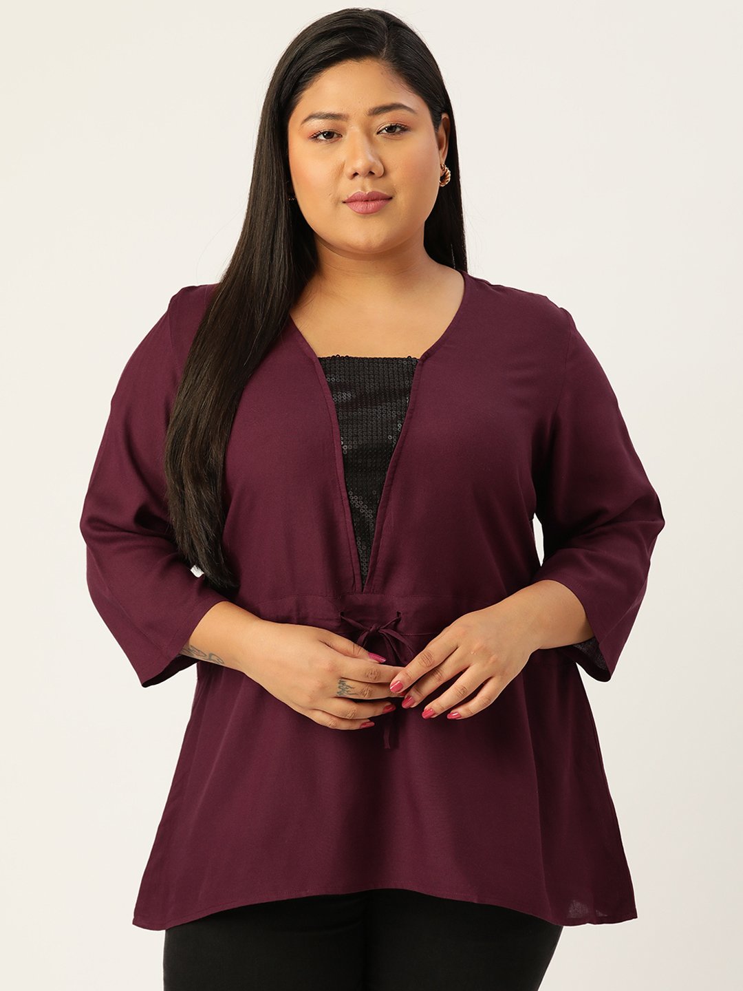Women's Plus Size Plum Solid Color Embellished Patch Work Regular Top