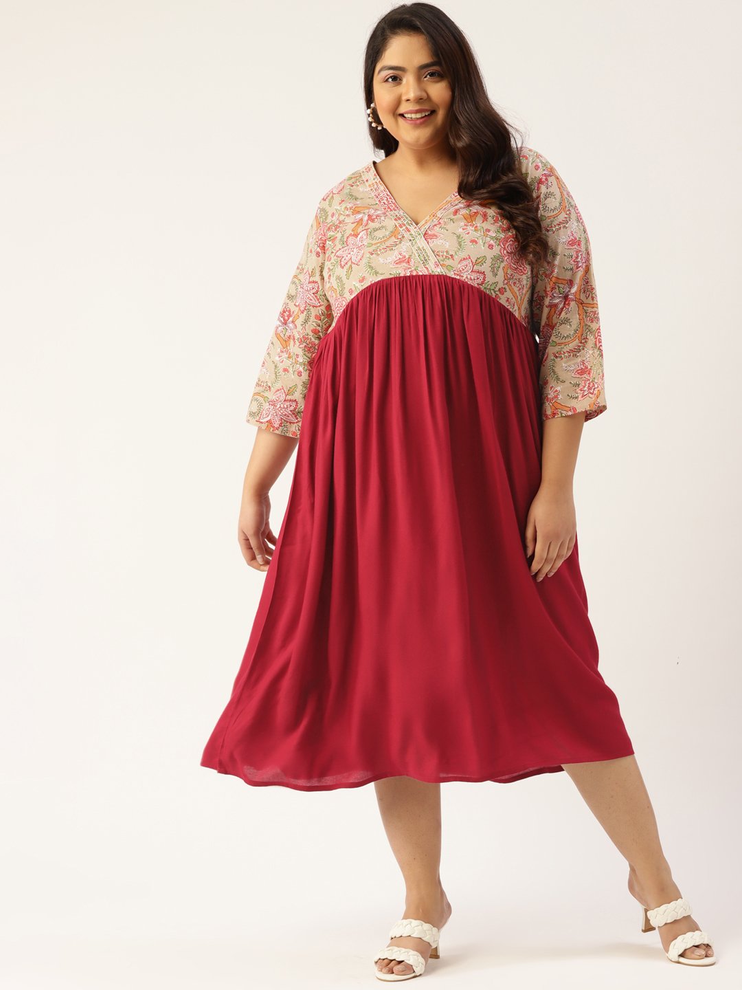 Women's Plus SizeGreen & Maroon Color Empire Midi Dress
