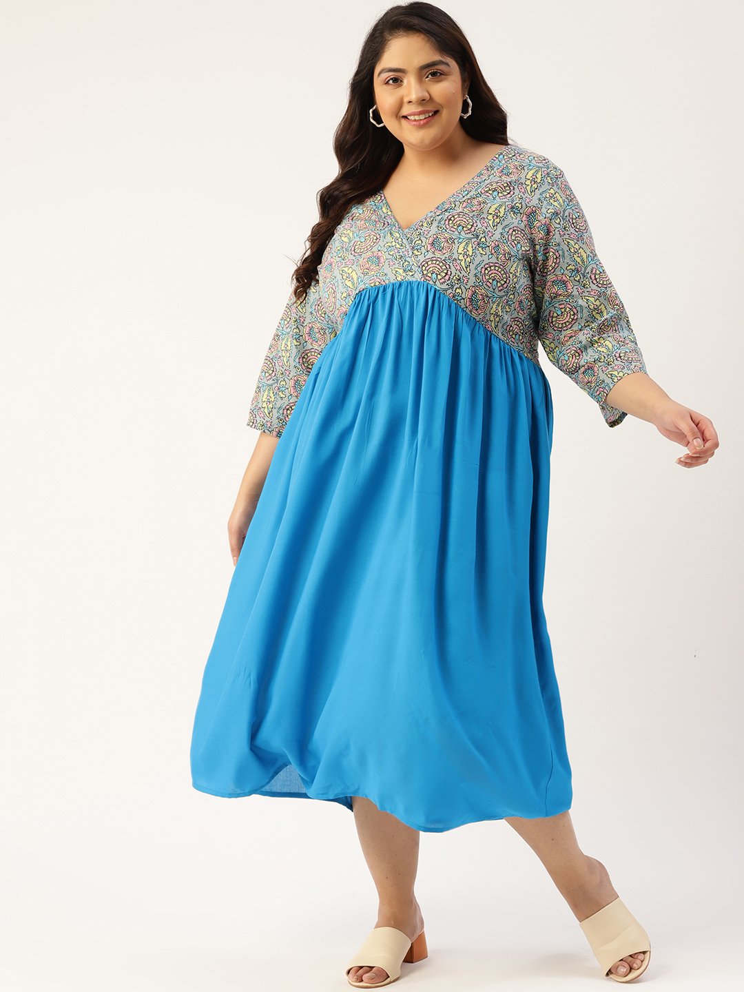 Women's Plus SizeGrey & Turq Color Empire Midi Dress