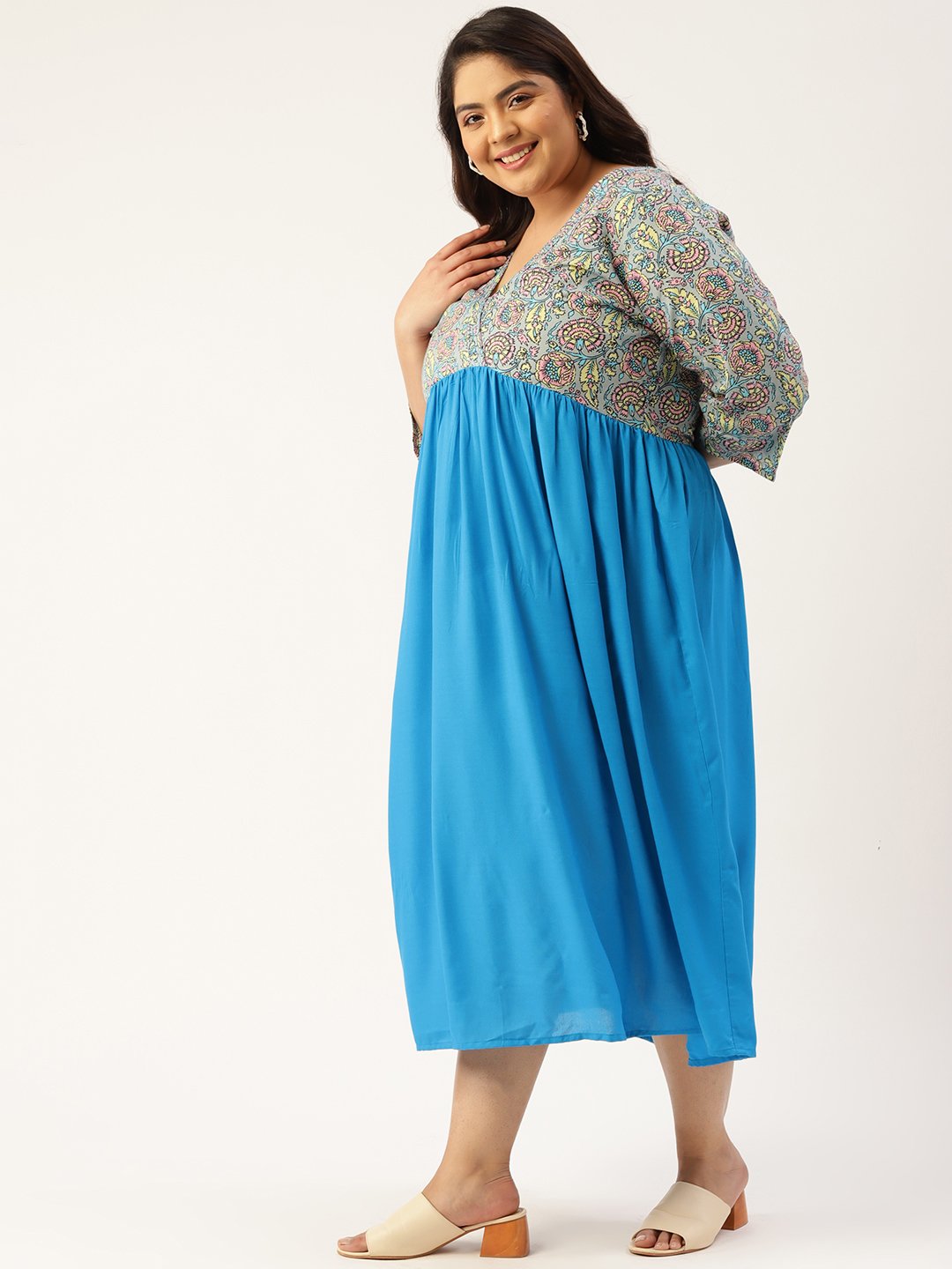 Women's Plus SizeGrey & Turq Color Empire Midi Dress