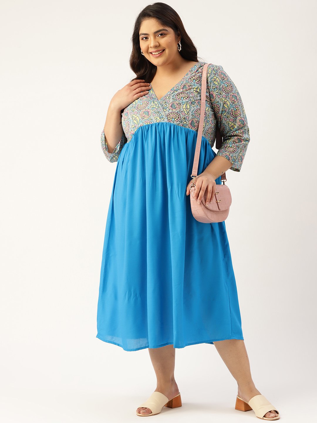 Women's Plus SizeGrey & Turq Color Empire Midi Dress