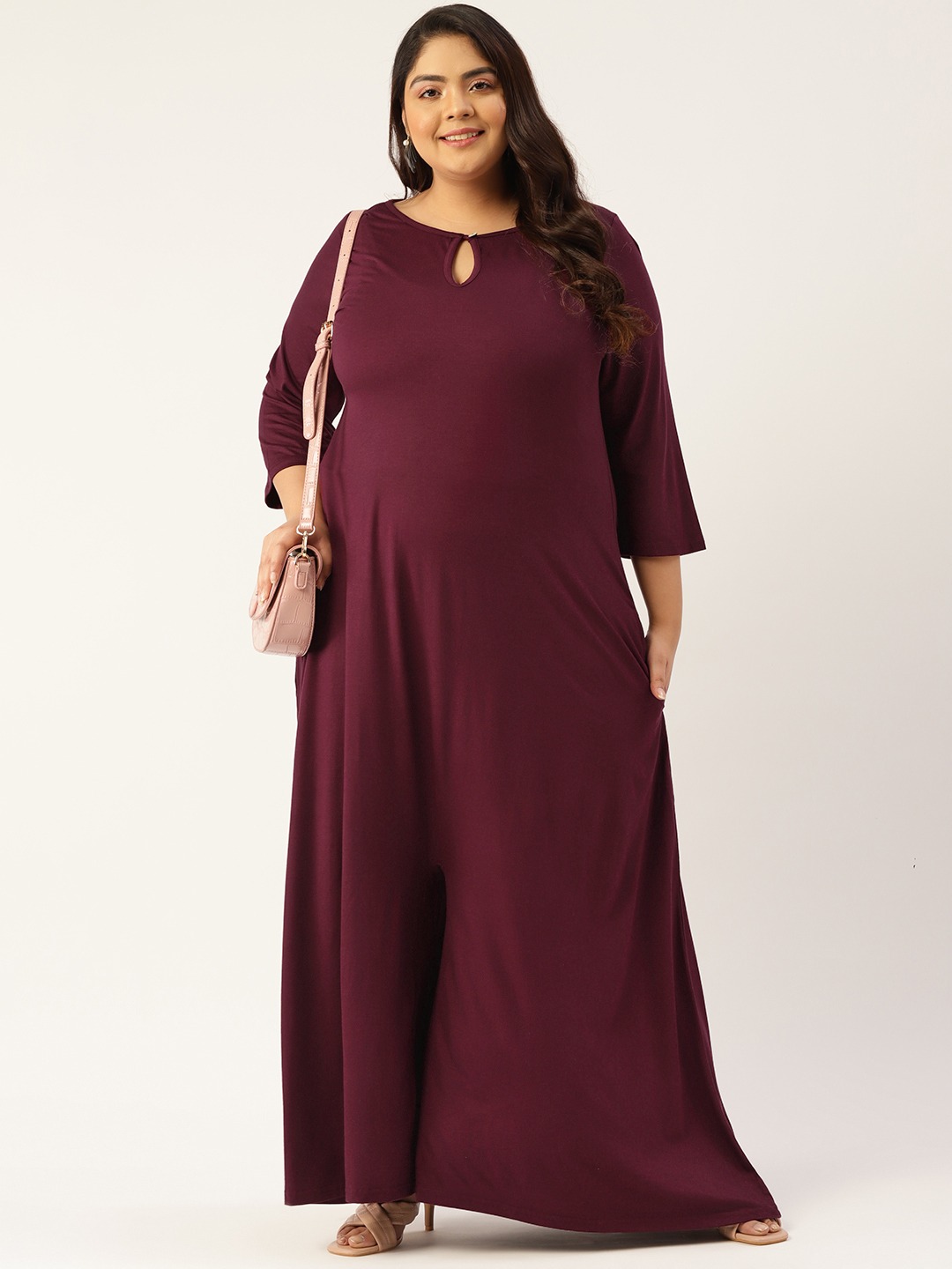 Women's Plus Size Burgundy Solid Color Culotte Jumpsuit
