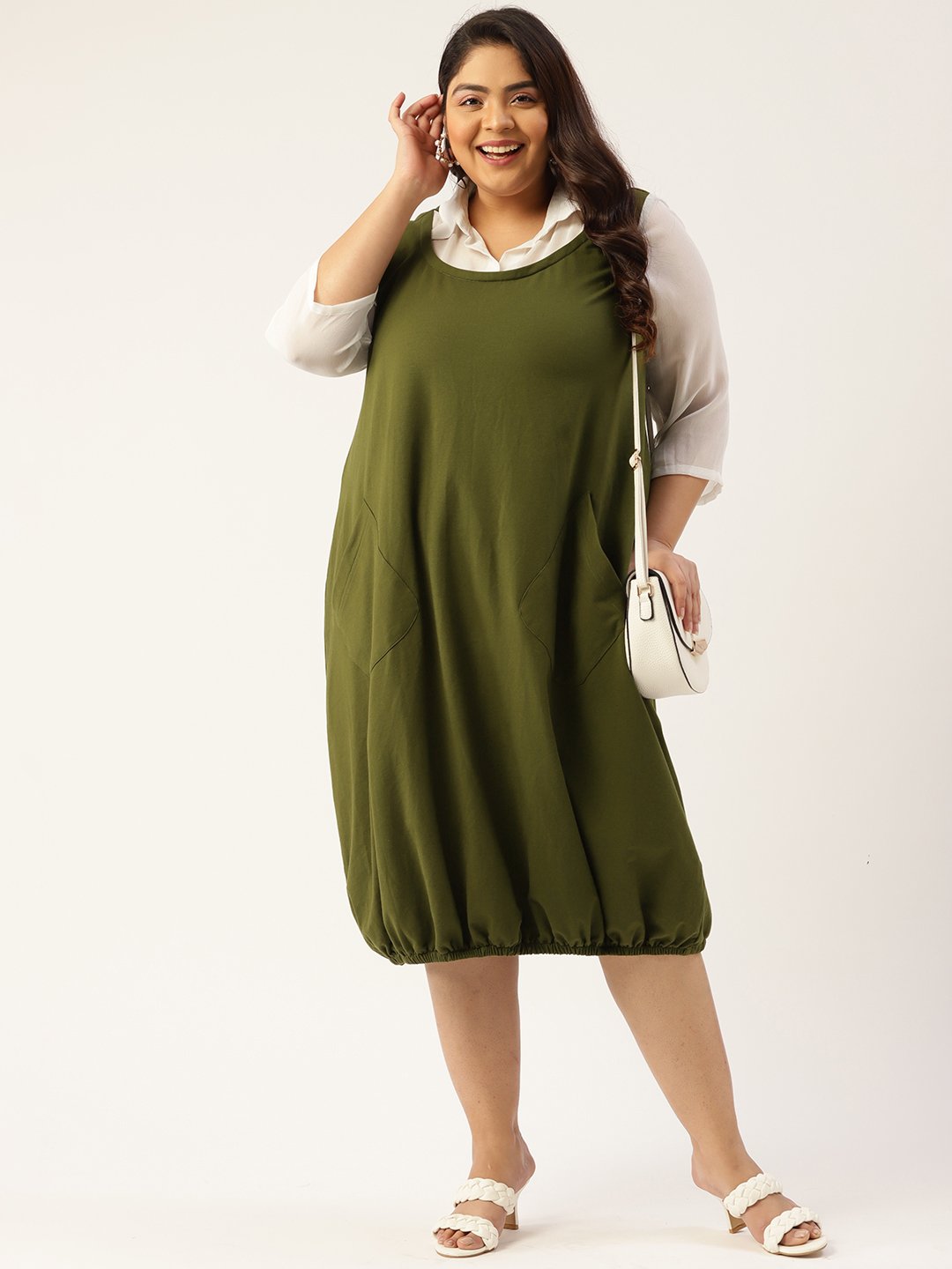 Women's Plus Size Olive Green Solid Color Shirt Collar Balloon Dress