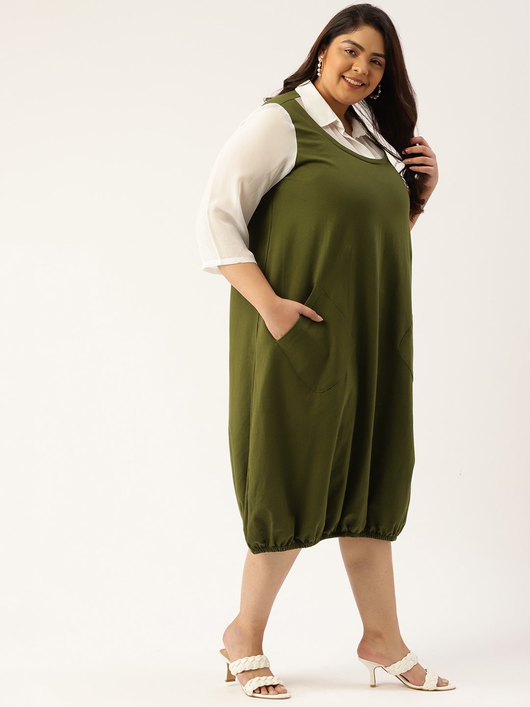 Women's Plus Size Olive Green Solid Color Shirt Collar Balloon Dress