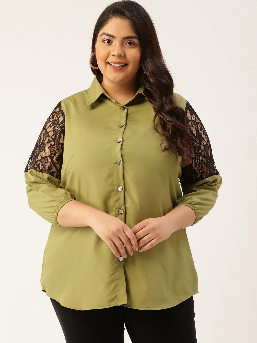 Women's Plus Size Olive Green Solid Color Lace Detail Shirt