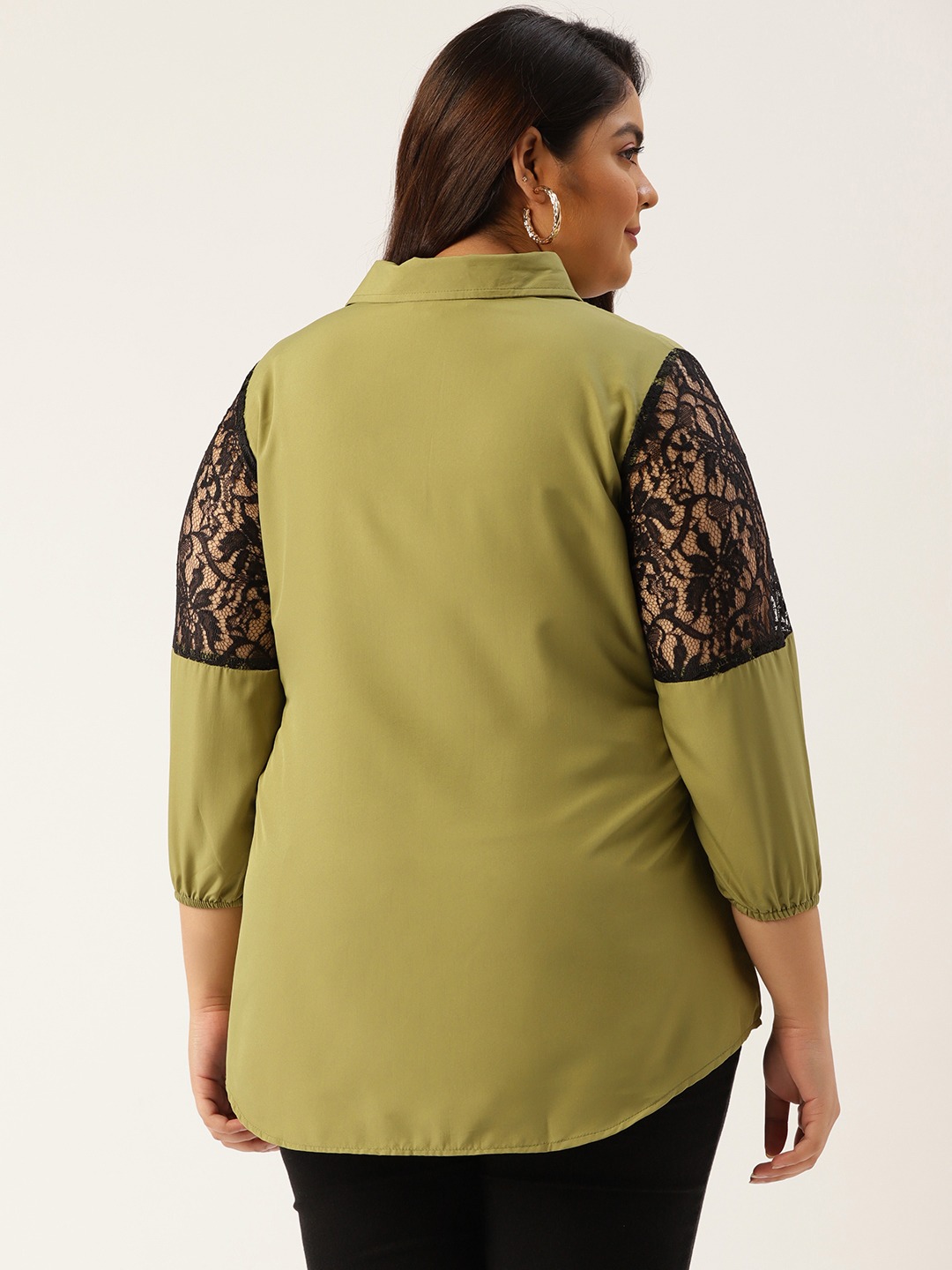 Women's Plus Size Olive Green Solid Color Lace Detail Shirt