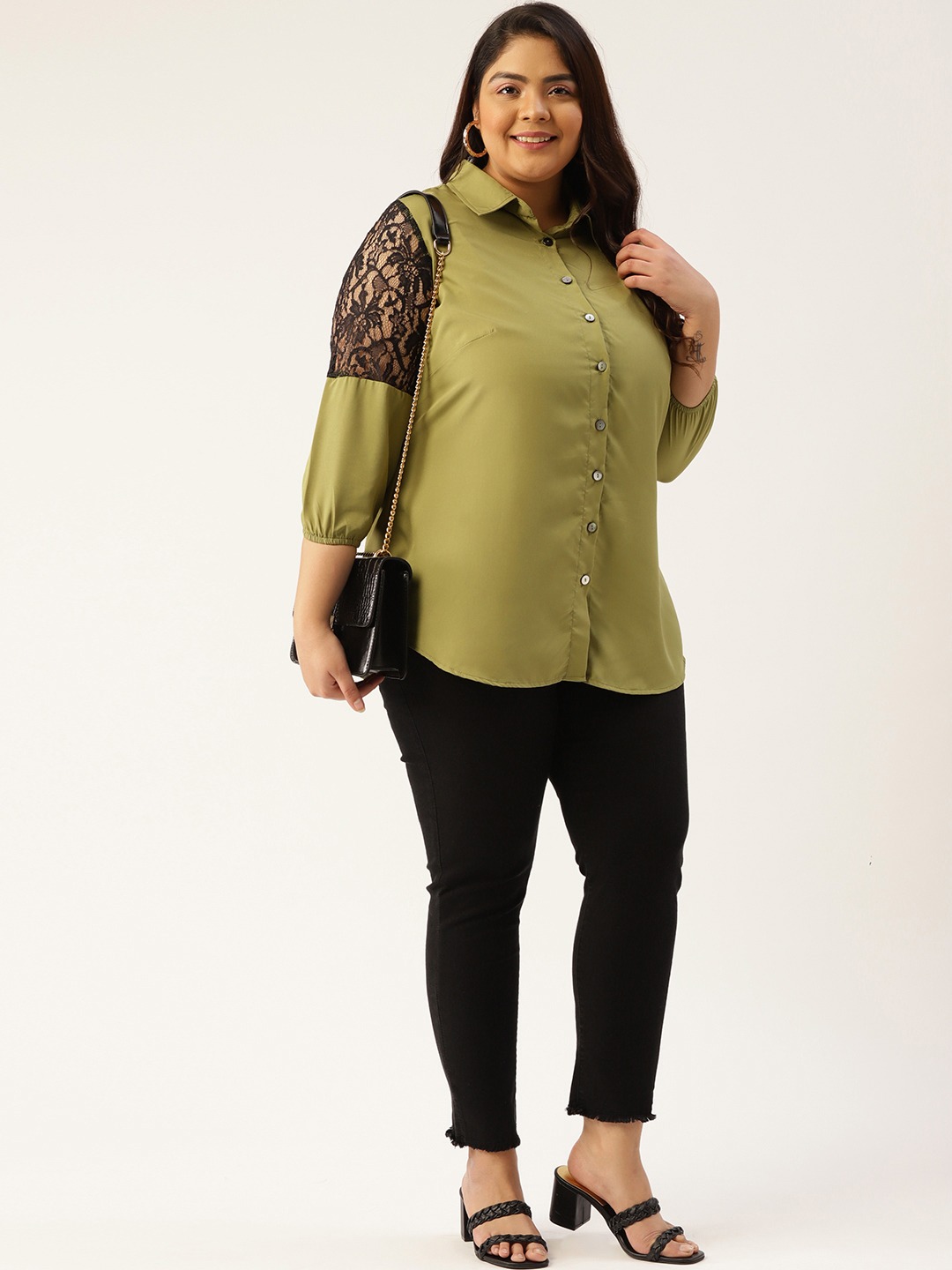 Women's Plus Size Olive Green Solid Color Lace Detail Shirt