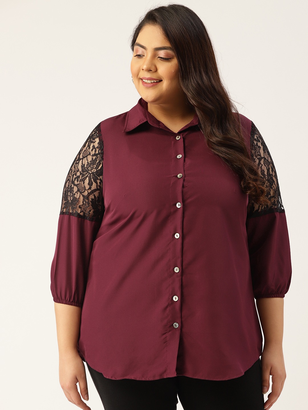 Women's Plus Size Plum Solid Color Lace Detail Shirt