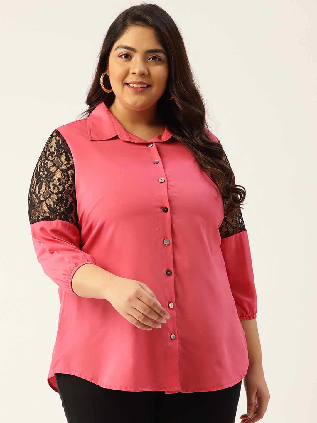 Women's Plus Size Strawberry Solid Color Lace Detail Shirt