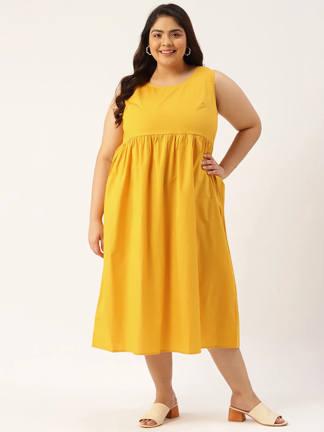 Women's Plus Size Mustard Solid Color A-Line Midi Dress