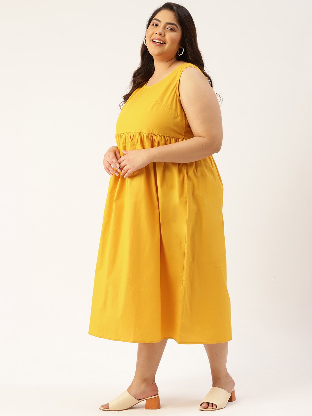 Women's Plus Size Mustard Solid Color A-Line Midi Dress
